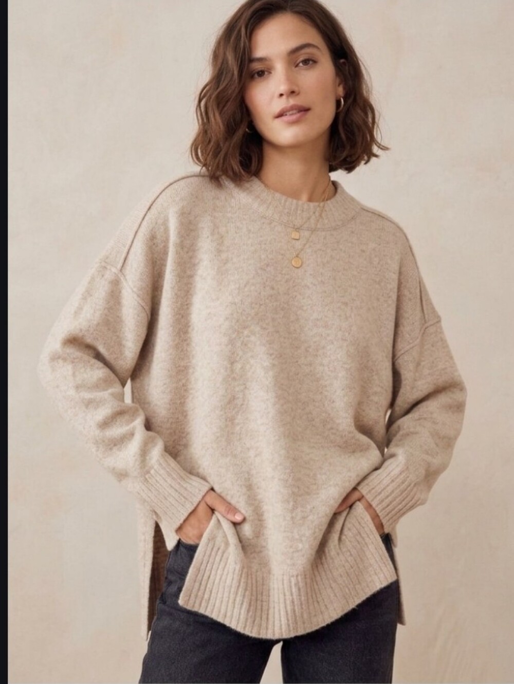 NWT Free People Light Camel Heathered Oversized Ribbed Phoebe Sweater Size L